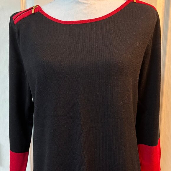 Cable & Gauge Red Black 3/4 Sleeve Scoop Neck Colorblock Sweater Size M Zipper - Picture 1 of 10